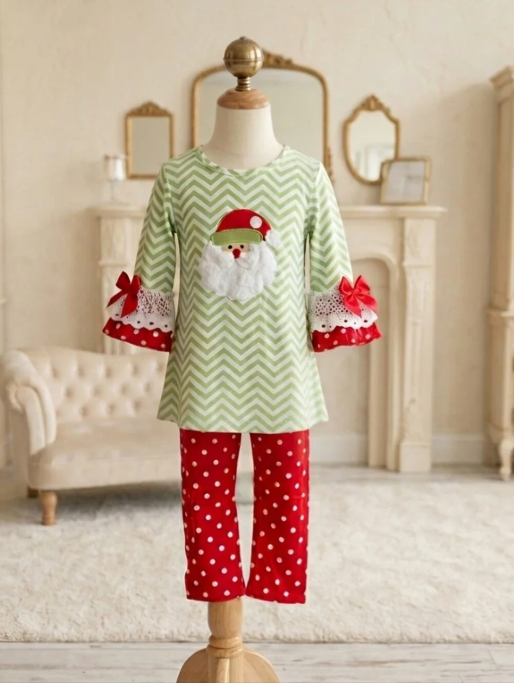 BaaBee Santa Appliqué Top & Polka Dot Leggings Set | Size 6–7